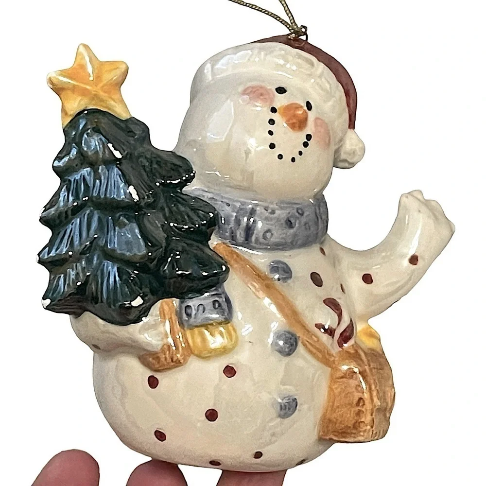 Set of 8 Vintage Pearlescent Ceramic Snowmen or Snow People Ornaments